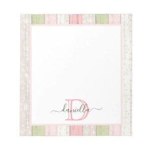 Rustic Sage Green & Pink Floral Wood Personalised Notepad
