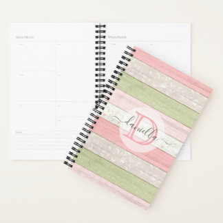 Rustic Sage Green & Pink Floral Wood Personalised Planner