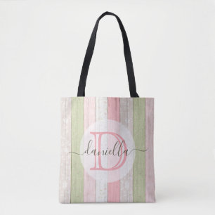 Rustic Sage Green & Pink Floral Wood Personalised Tote Bag