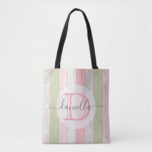 Rustic Sage Green & Pink Floral Wood Personalised Tote Bag (Front)