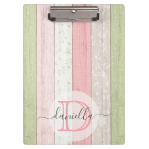 Rustic Sage Green & Pink Floral Wood Personalized Clipboard
