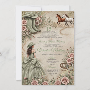 Rustic Sage Green Princess Western Quinceañera Invitation