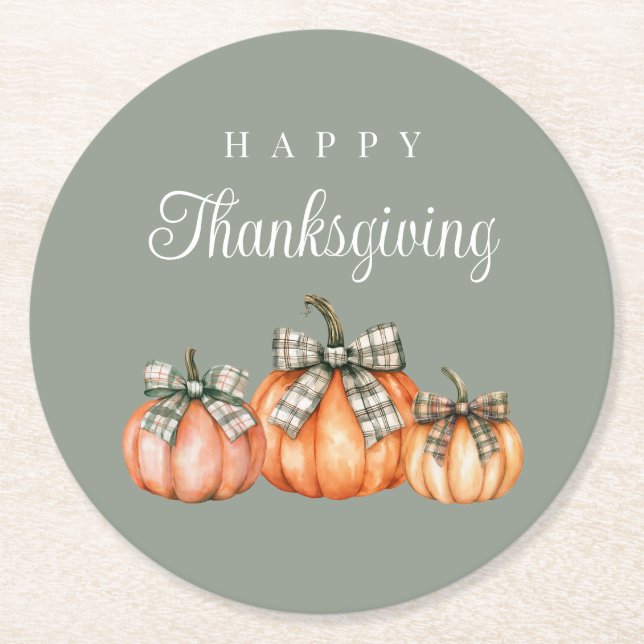 Rustic Sage Green Pumpkins Happy Thanksgiving Round Paper Coaster (Front)