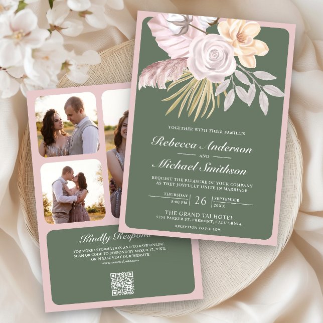 Rustic Sage Green Rose Pink Floral QR Code Wedding Invitation (Creator Uploaded)