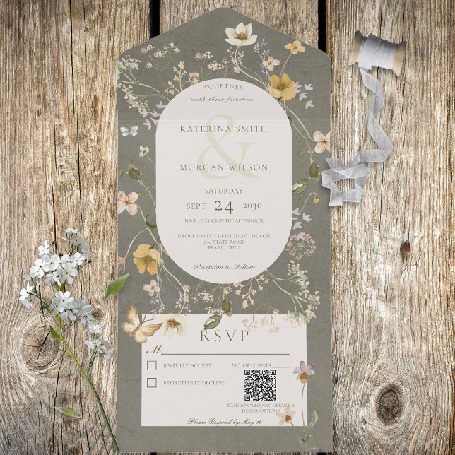 Rustic Sage Green Wildflower Frame QR Code All In One Invitation (Creator Uploaded)