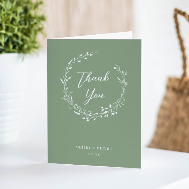 Rustic Sage Green Wildflower + Photo Wedding Thank You Card (Creator Uploaded)