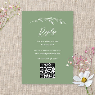 Rustic Sage Green Wildflower QR Code Wedding RSVP Card