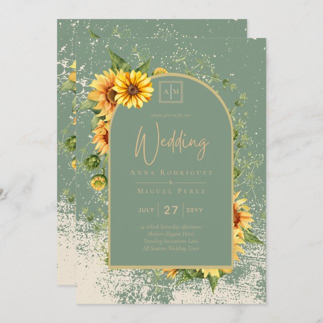 Rustic Sage Green Yellow Sunflowers Wedding Allin1 Invitation (Front/Back)