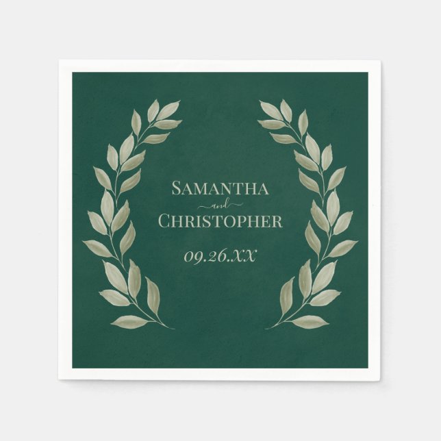 Rustic Sage Laurel Leaves on Emerald Green Wedding Napkin (Front)
