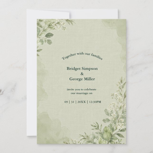 Rustic Sage Linen Wedding Botanical Invitation (Front)