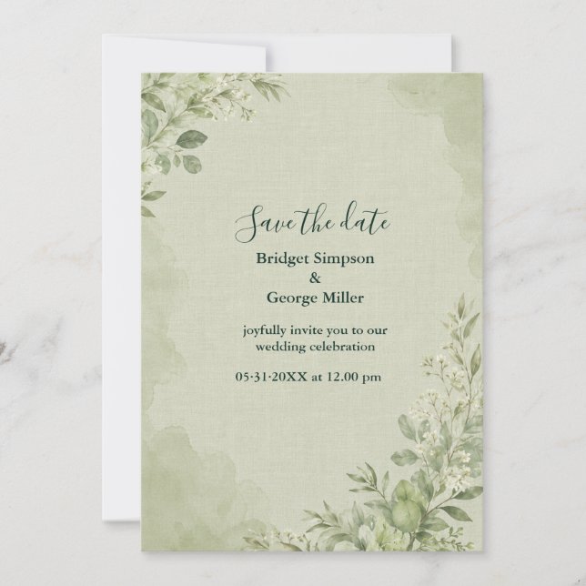 Rustic Sage Linen Wedding Botanical Invitation (Front)