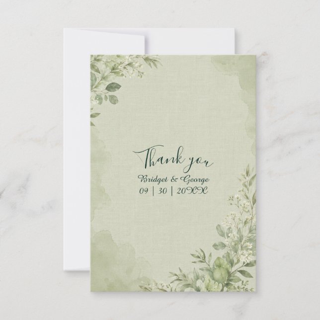Rustic Sage Linen Wedding Botanical Thank You Card (Front)