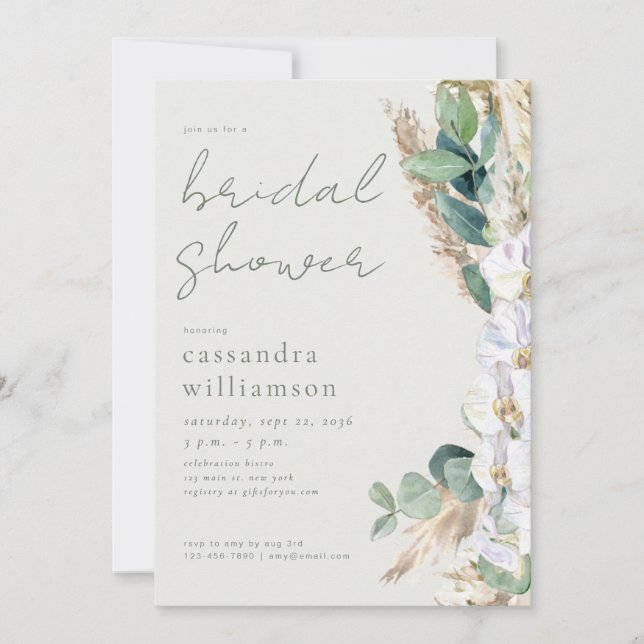 Rustic Sage Pampas Grass Boho Floral Bridal Shower Invitation (Front)