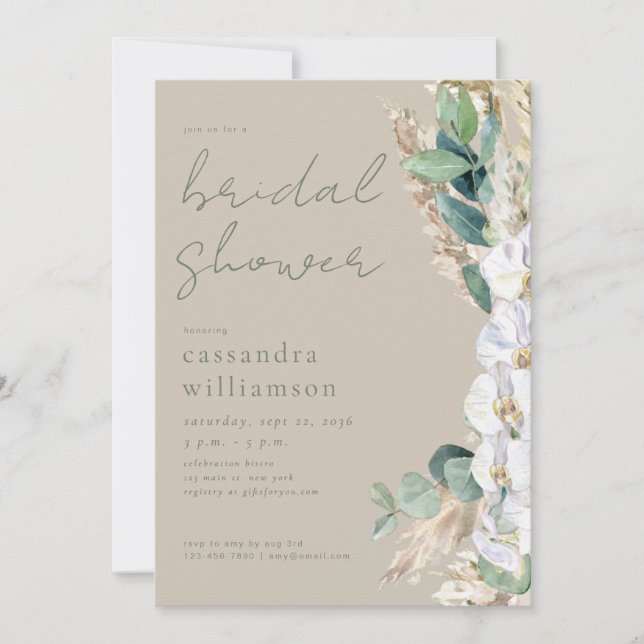 Rustic Sage Pampas Grass Boho Floral Bridal Shower Invitation (Front)