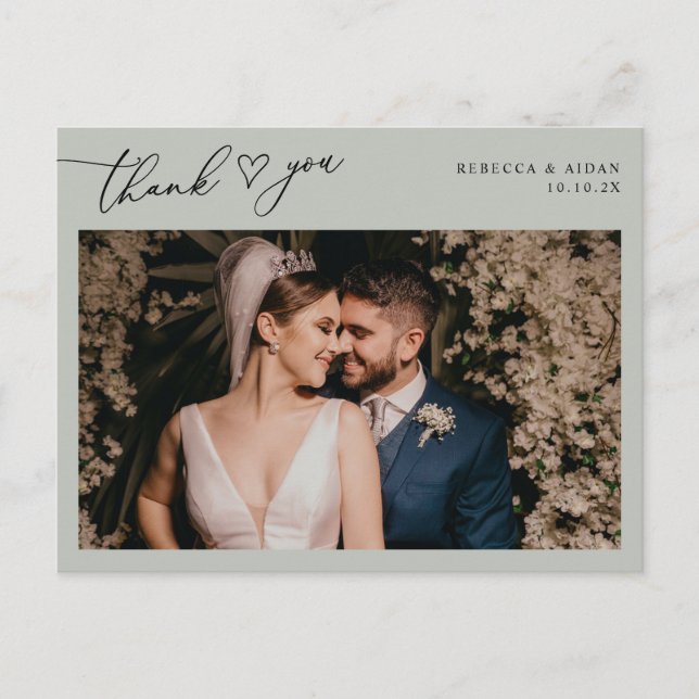 Rustic Sage Script Heart Wedding Photo Thank You Postcard (Front)
