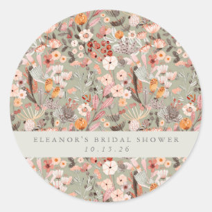 Rustic Sage Taupe Floral Boho Bridal Shower Custom Classic Round Sticker