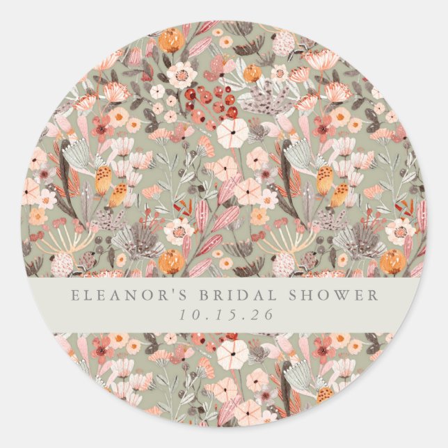 Rustic Sage Taupe Floral Boho Bridal Shower Custom Classic Round Sticker (Front)