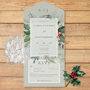 Rustic Sage Winter Holly & Pine Details All In One Invitation