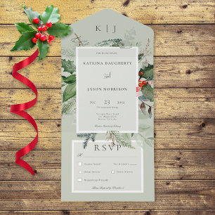 Rustic Sage Winter Holly & Pine Dinner All In One Invitation