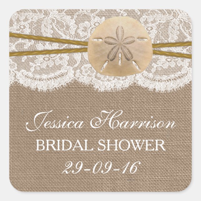 Rustic Sand Dollar Beach Bridal Shower Square Sticker (Front)