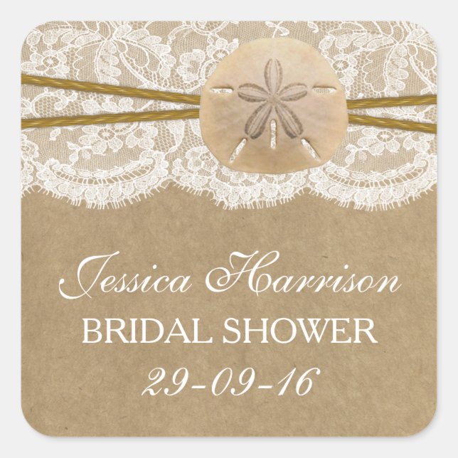 Rustic Sand Dollar Beach Bridal Shower Square Sticker (Front)