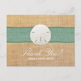 Rustic Sand Dollar Green Burlap Ribbon Thank You Postcard