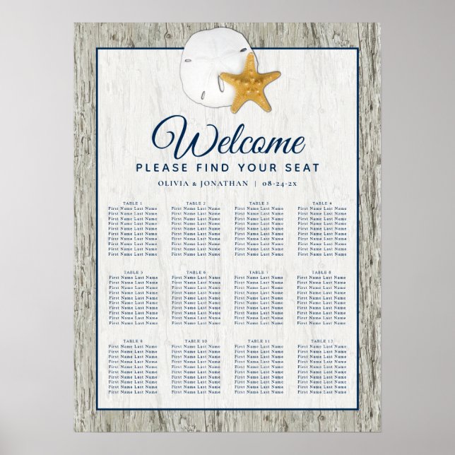 Rustic Sand Dollar Starfish Wedding Seating Chart (Front)