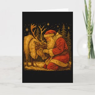 Rustic Santa Reindeer Vintage Christmas Forest Sce Card