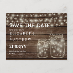RUSTIC Save Date Mason Jars Strings Lights Wedding Postcard