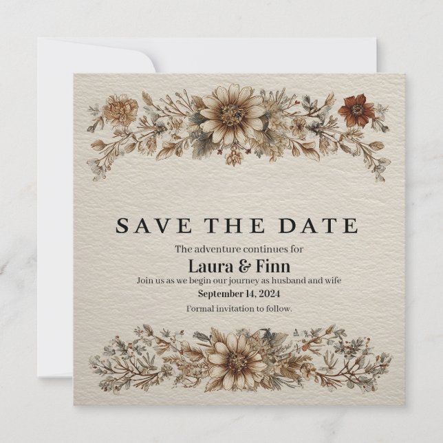 Rustic "Save the Date" Card with Feathers and Flow (Front)