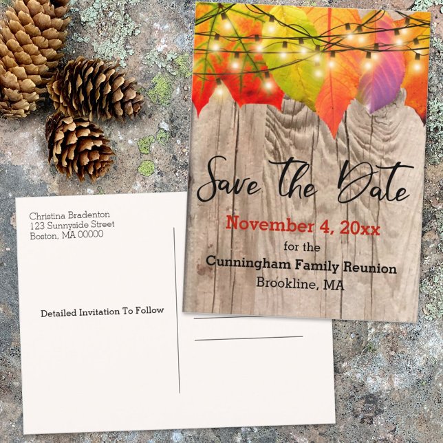 Rustic Save The Date Family Reunion Autumn Leaves Announcement Postcard (Creator Uploaded)