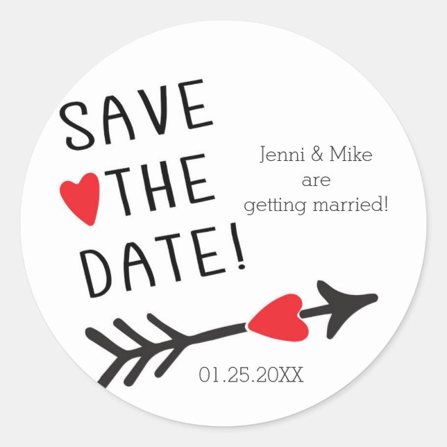 Rustic SAVE THE DATE Heart Arrow Wedding Stickers (Front)
