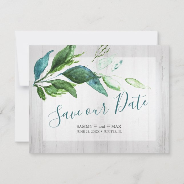Rustic Save the Date Watercolor Wood and Leaves (Front)