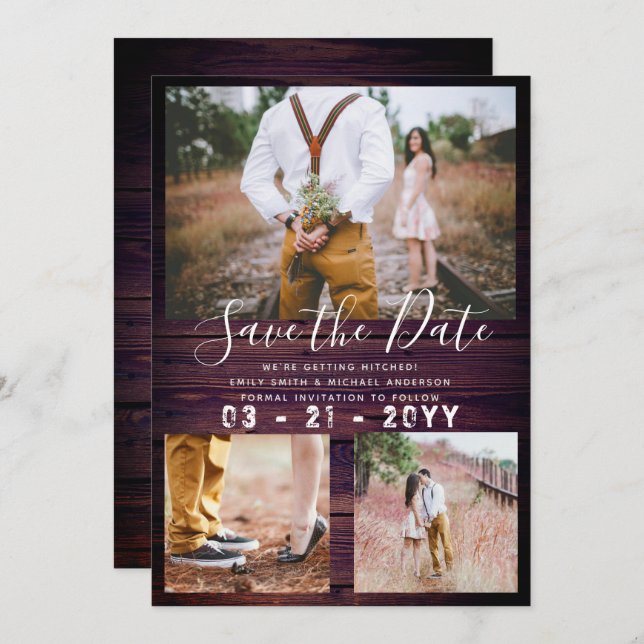 RUSTIC Save the Date Wedding PHOTO COLLAGE Purple Invitation (Front/Back)