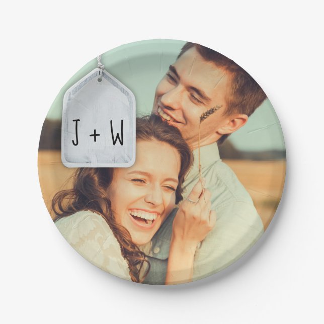 Rustic Scrapbook Initials and Photo Wedding Paper Plate (Front)
