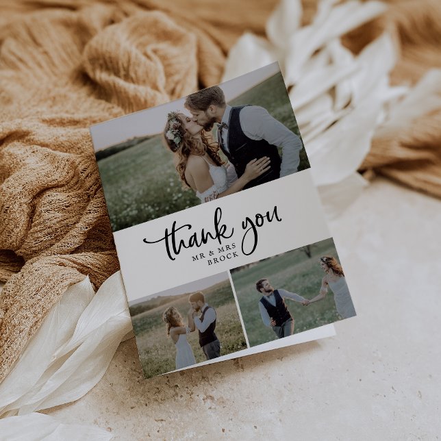 Rustic Script 3 Photo Collage Folded Wedding Thank You Card (Creator Uploaded)