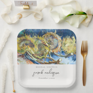 Rustic Script Blue Yellow Sunflower Bridal Shower Paper Plate