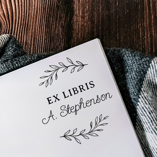 Rustic Script Botanical Leaves Ex Libris Bookplate Rubber Stamp (Creator Uploaded)