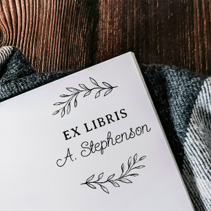 Rustic Script Botanical Leaves Ex Libris Bookplate Self-inking Stamp
