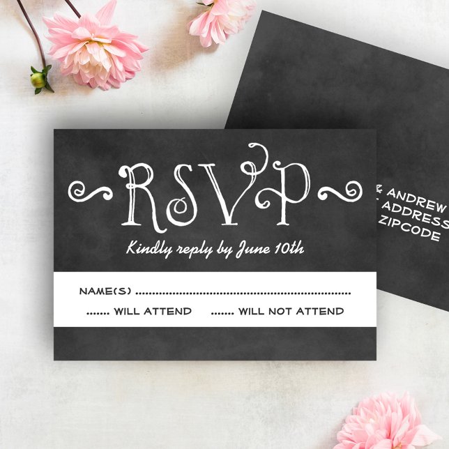 Rustic Script Chalkboard Wedding Black RSVP Card (Creator Uploaded)