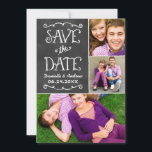 Rustic Script Chalkboard Wedding Black Save The Date<br><div class="desc">Whimsical and unique two-sided photo collage announcement card save the dates feature a rustic textured look blackboard background with handwritten style fonts that have a white chalk appearance. Personalise with the wedding details and three (3) favourite engagement photos.</div>