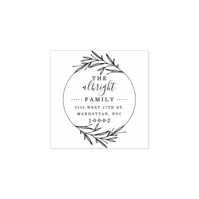 Rustic Script & Cute Wreath Family Return Address Rubber Stamp (Imprint)