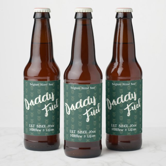 Rustic script "Daddy Fuel" green pattern hop Beer Bottle Label (Bottles)
