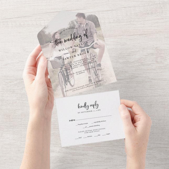 Rustic Script Faded Photo Wedding All In One Invit Invitation (Tearaway)