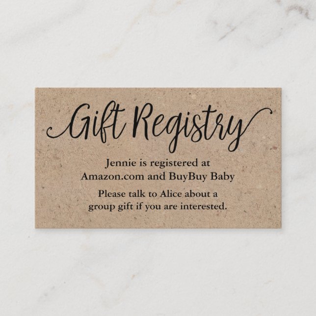 Rustic Script Gift Registry Shower Insert Card (Front)