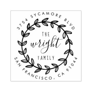 Rustic Script   Hand Drawn Wreath Return Address Rubber Stamp