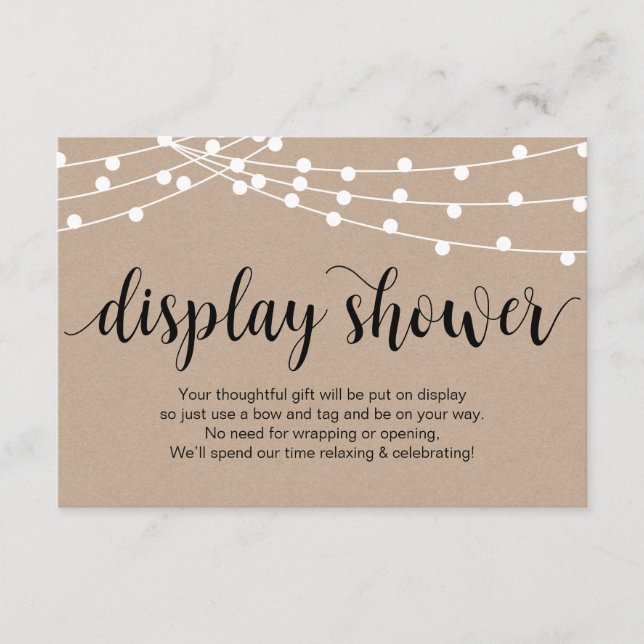 Rustic Script, Kraft, String Lights Display Shower Enclosure Card (Front)