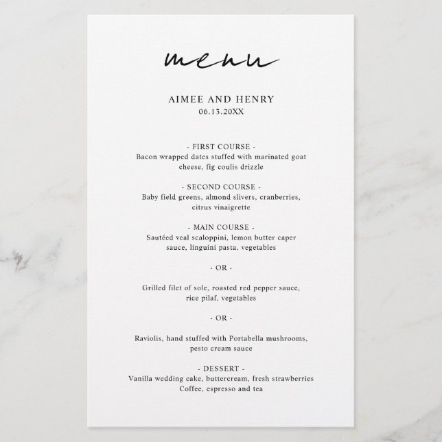Rustic Script Modern Wedding Menu (Front)