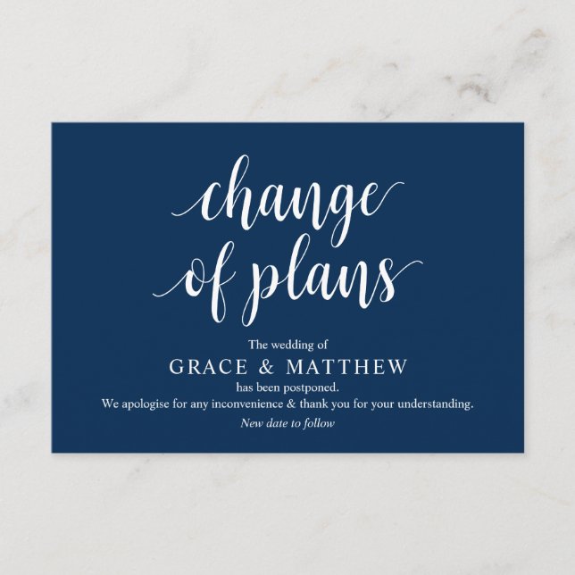 Rustic Script, Navy Blue Script, Wedding postpone Enclosure Card (Front)
