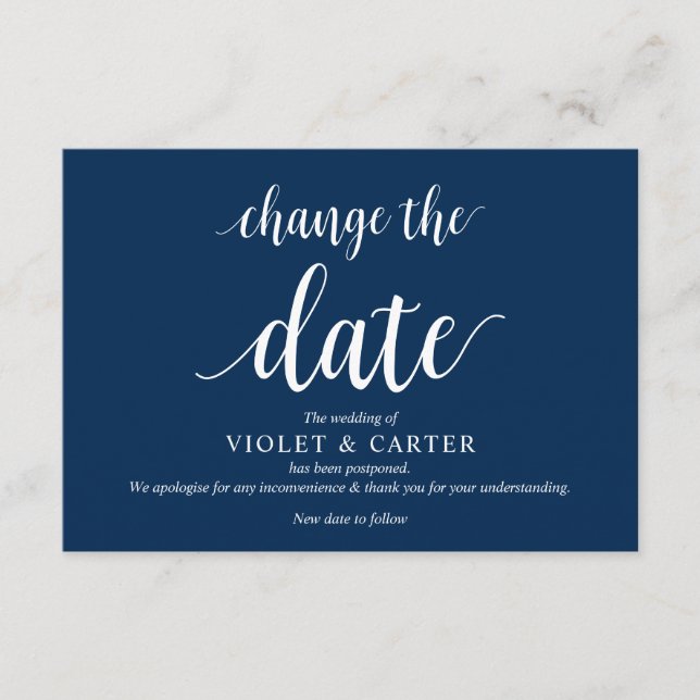 Rustic Script, Navy Blue Script, Wedding postpone Enclosure Card (Front)
